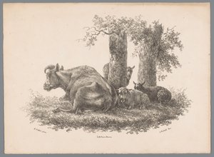 En ku og tre sauer Beesten Studien av J. Kobell etter Paul Potter Nr. 1 (serietittel) av Jan Kobell (III)
