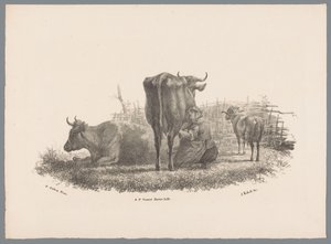 Melkende bondekone, to kyr og en vær Beesten Studien av J. Kobell etter Paul Potter Nr. 1 (serietittel) av Jan Kobell (III)