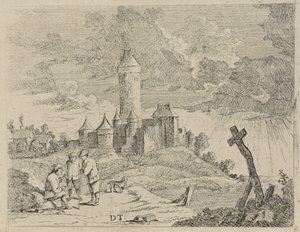 Landskap med slott og tre menn av Jan Lauwryn Krafft (I) (possibly)