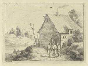 Snakkende menn foran et hus