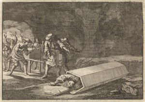 Begravelsestjenere i Roma ser at Antonio Marlini, som de hadde gravlagt i et hvelv noen dager før, må ha vært tilsynelatende død, 1696 av Jan Luyken