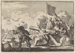 Beleiring av Groningen der en kanon blir velsignet av seks munker, 1672 av Jan Luyken