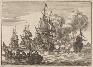 I Valencia blir spansk admiral Papachino angrepet av tre franske skip under admiral Tourville for ikke å hilse raskt nok, 1688 av Jan Luyken