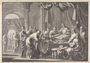 Møte med de 72 oversetterne av loven etter ordre fra kong Ptolemaios Philadelphus av Jan Luyken