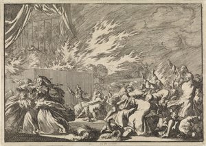 Brann i et treskur der en teaterforestilling finner sted ved siden av Amelienborg slott i København, 1689 av Jan Luyken