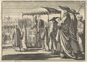 Christian IV, konge av Danmark, kledd som pave, imiterer en prosesjon med sine hoffmenn, 1596 av Jan Luyken