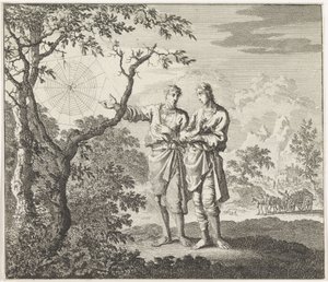 Emblem: edderkopp To menn ser på et edderkoppnett av Jan Luyken