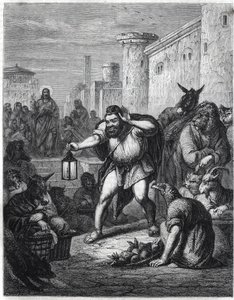 Esop og Kristus: Den greske forfatteren Esop (Esop eller Esopus, 600-tallet f.Kr.), med en lykt i hånden, krysser en vandring mellom karakterer med dyrehoder på jakt etter "en mann". Bak ham ser vi Jesus Kristus. Illustrasjon inspirert av fabelen «Esope a  av Jan Luyken