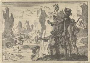 Bevæpnede spanjoler ser ned på helt ville mennesker fra steiner, ca. 1600 av Jan Luyken