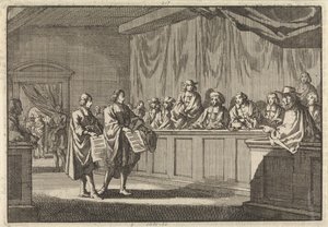 De reformerte pastorene Gilly og Courdil leste en erklæring på synoden i Sorges om at de ville konvertere til den katolske kirke, 3. juni 1683 av Jan Luyken