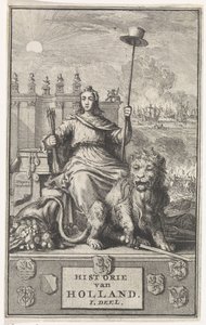 Nederlandsk jomfru Tittelside for: F. de la Neuville, History of Holland vol. I, 1704 av Jan Luyken