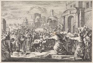 Beboere i Lystra ønsker å ofre storfe til de to apostlene av Jan Luyken