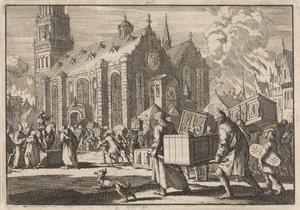Innbyggerne i Spires bringer i god tro møblene sine til katedralen hvor de deretter blir brent av den franske generalen Monclar, 1689 av Jan Luyken