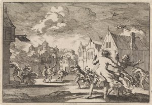 Innbyggere i en landsby nær Luchow slott i Lüneburg blir innhentet av en virvelvind som får fuglene til å falle døde ned fra himmelen, 1671 av Jan Luyken