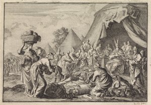 Israelittene tar med verdisakene sine for byggingen av tabernaklet av Jan Luyken
