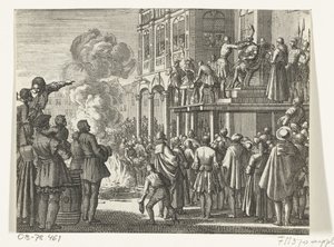 Jacob van Campen med bispelue på hodet på skafottet i Amsterdam, 1535 av Jan Luyken