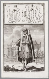 Jødisk mann, kledd for bønn. På bakgrunnen den portugisiske synagogen i Amsterdam av Jan Luyken