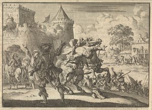 Den keiserlige kommandør Dampier faller fra hesten etter et skudd fra veggene i Presburg (Bratislava), 1620 av Jan Luyken
