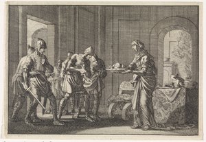 Mor viser krigere restene av hennes spiste barn under hungersnøden i Jerusalem, 1704. av Jan Luyken