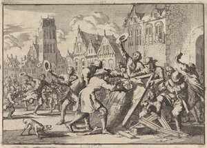 Opprør i Dordrecht der et bilde av Cornelis de Witt blir ødelagt av folket, 1672 av Jan Luyken