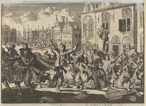 Opprør i Enkhuizen der husene til viseadmiralene Kwast og Turk blir ødelagt, 1635 av Jan Luyken
