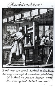 The Book Printer, fra fagboken "Something for All" av Abraham van St. Clara, 1736 (gravering) av Jan Luyken