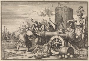 Under det franske bombardementet av Alger blir den franske konsulen lastet inn i en kanon av algerierne og drept, 1683 av Jan Luyken