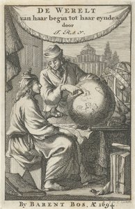To menn studerer en jordklode Tittelside for: J. Ray, The world from its beginning to its end, 1694 av Jan Luyken