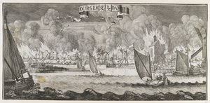 Utsikt over landsbyen Durgerdam, nær Amsterdam, under brannen i 1687 (gravering) av Jan Luyken