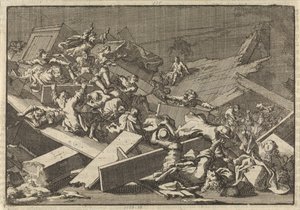 Etasjen i huskirken til den keiserlige befullmektige grev von Bercka kollapser, 1697 av Jan Luyken