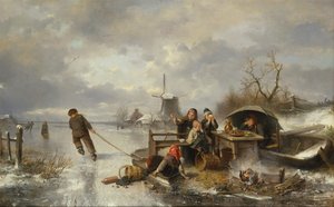 Barn som leker på en frossen innsjø i et vinterlandskap (olje på lerret) av Jan Mari Henri Ten Kate