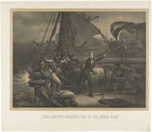 Jan van Speijk var i ferd med å kaste lunta i lasterommet, 1831 Hans siste tanke var flaggets ære (tittel på objekt)