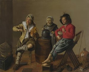 To gutter og en jente lager musikk. 1629