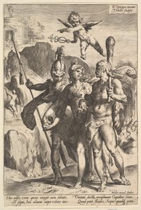 Hercules blir vist den fjellrike veien til Temple of Immortal Fame i selskapet..., ca. 1591. av Jan Muller