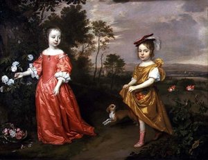 To barn og en hund i et landskap