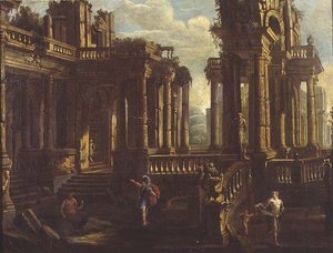 En capriccio av klassiske ruiner med en kriger, en satyr og Amor som jager en nymfe