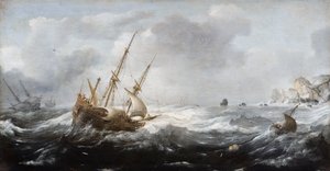 Skip i en storm på en steinete kyst