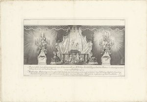 Baksiden av rommet med majesteten til prins William IV, 1751 Fond de la sale dessiné Geometriquement (...) / Meetkonstige Afteekeninge på baksiden Zijde der Zale med Cieraden sooodanigh som de av den Hr. Delage Leuit. Col: Ingen.r og Intendant av Jan Punt