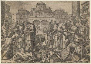 Apostlene deler ut pengene til de som trenger det, ca. 1600 av Jan Sadeler
