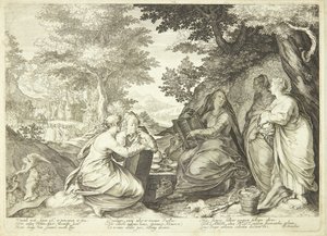De kloke jomfruene samlet seg i et landskap, i bakgrunnen som døperen Johannes forkynte av Jan Saenredam