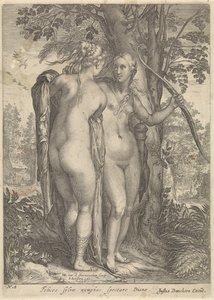 Diana og en nymfe foran et tre Diana og nymfene hennes (serietittel) av Jan Saenredam