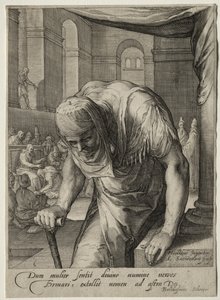 Heltinner fra Det nye testamente: Den forkrøplede kvinnen helbredet av Kristus. av Jan Saenredam