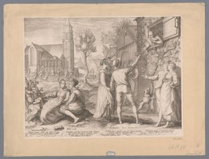 Jonge paren die poulet make en dansen, 1596 Enorme panas stolich under Moses Choragi Mereriti Choreis, pana dolenda venit (...) (tittel på objekt) av Jan Saenredam