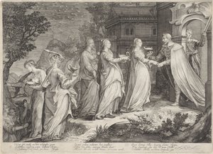 Mottakelse av de kloke jomfruer av brudgommens lignelse om de kloke og tåpelige jomfruer (serietittel) av Jan Saenredam