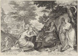 Fem vise jomfruer i et landskap med forkynnelsen av døperen Johannes Lignelse om de kloke og tåpelige jomfruer (serietittel) av Jan Saenredam