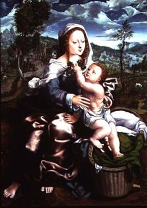 Madonna og barn sitter i et omfattende landskap