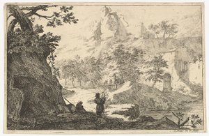 Landskap med ruiner av et slott på en høyde, tidlig på 1700-tallet. av Jan Smees