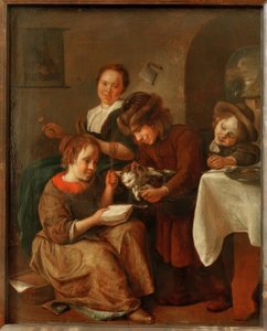 Barn lærer en katt å lese av Jan Havickszoon Steen