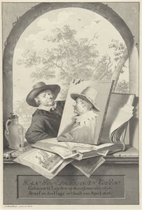 Mann med en mappe med tegninger og et portrett av Jan van Goyen av Jan Stolker