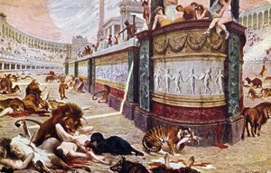 Postkort som viser de blodige lekene på arenaen i Roma, illustrasjon fra 